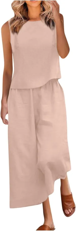 Linen Tops And Wide Leg Capri Pants Set For Women Plus Size Summer Vacation Outfits 2 Piece Matching Lounge Sets