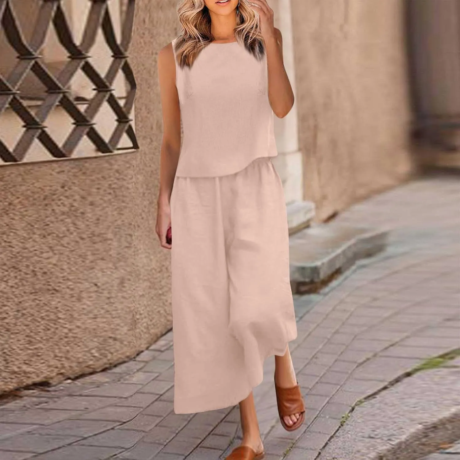 Linen Tops And Wide Leg Capri Pants Set For Women Plus Size Summer Vacation Outfits 2 Piece Matching Lounge Sets