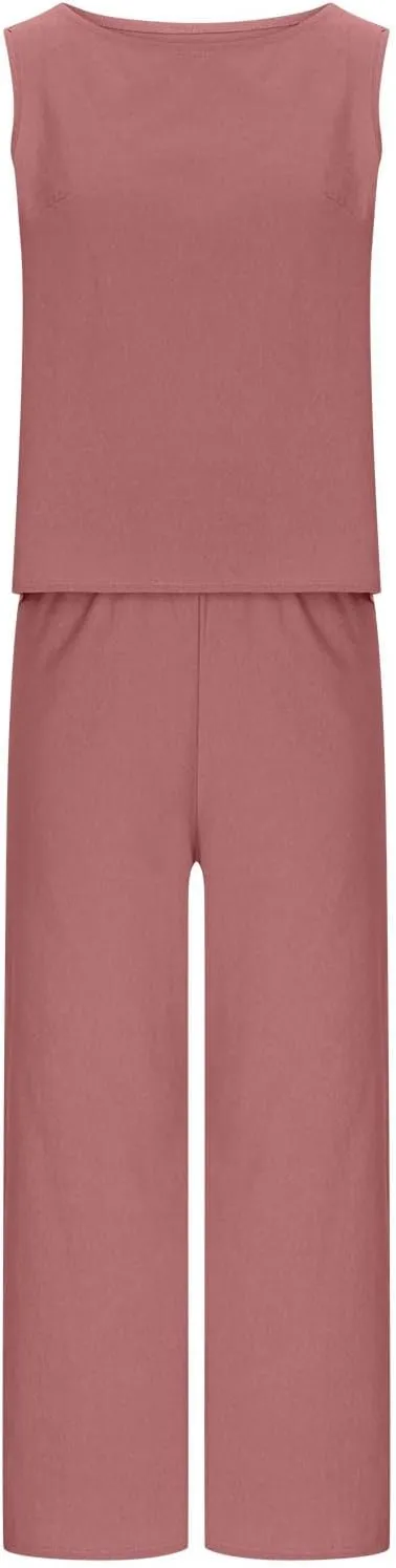 Linen Tops And Wide Leg Capri Pants Set For Women Plus Size Summer Vacation Outfits 2 Piece Matching Lounge Sets