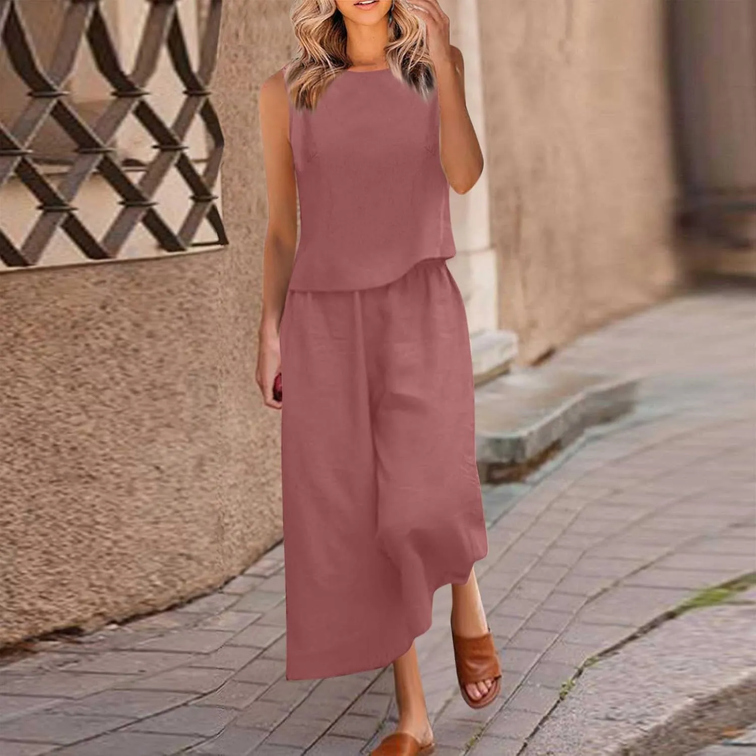 Linen Tops And Wide Leg Capri Pants Set For Women Plus Size Summer Vacation Outfits 2 Piece Matching Lounge Sets