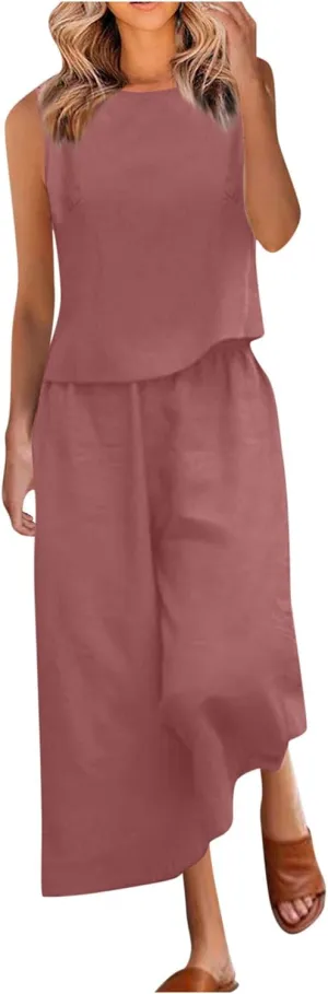 Linen Tops And Wide Leg Capri Pants Set For Women Plus Size Summer Vacation Outfits 2 Piece Matching Lounge Sets