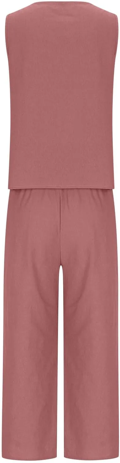 Linen Tops And Wide Leg Capri Pants Set For Women Plus Size Summer Vacation Outfits 2 Piece Matching Lounge Sets