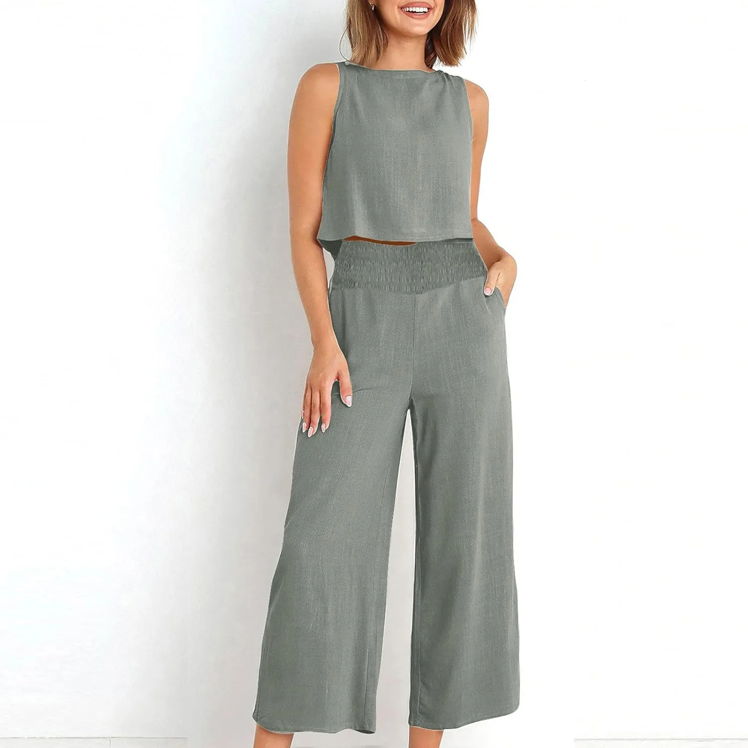 Linen Two Piece Sets For Women Summer 2024 Casual Sleeveless Crop Top & High Waist Wide Leg Matching Lounge Set Outfits