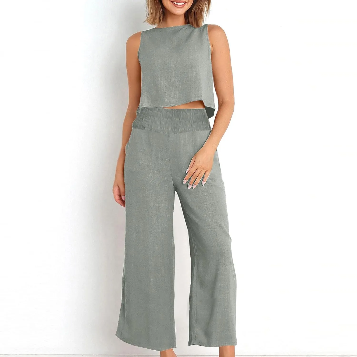 Linen Two Piece Sets For Women Summer 2024 Casual Sleeveless Crop Top & High Waist Wide Leg Matching Lounge Set Outfits