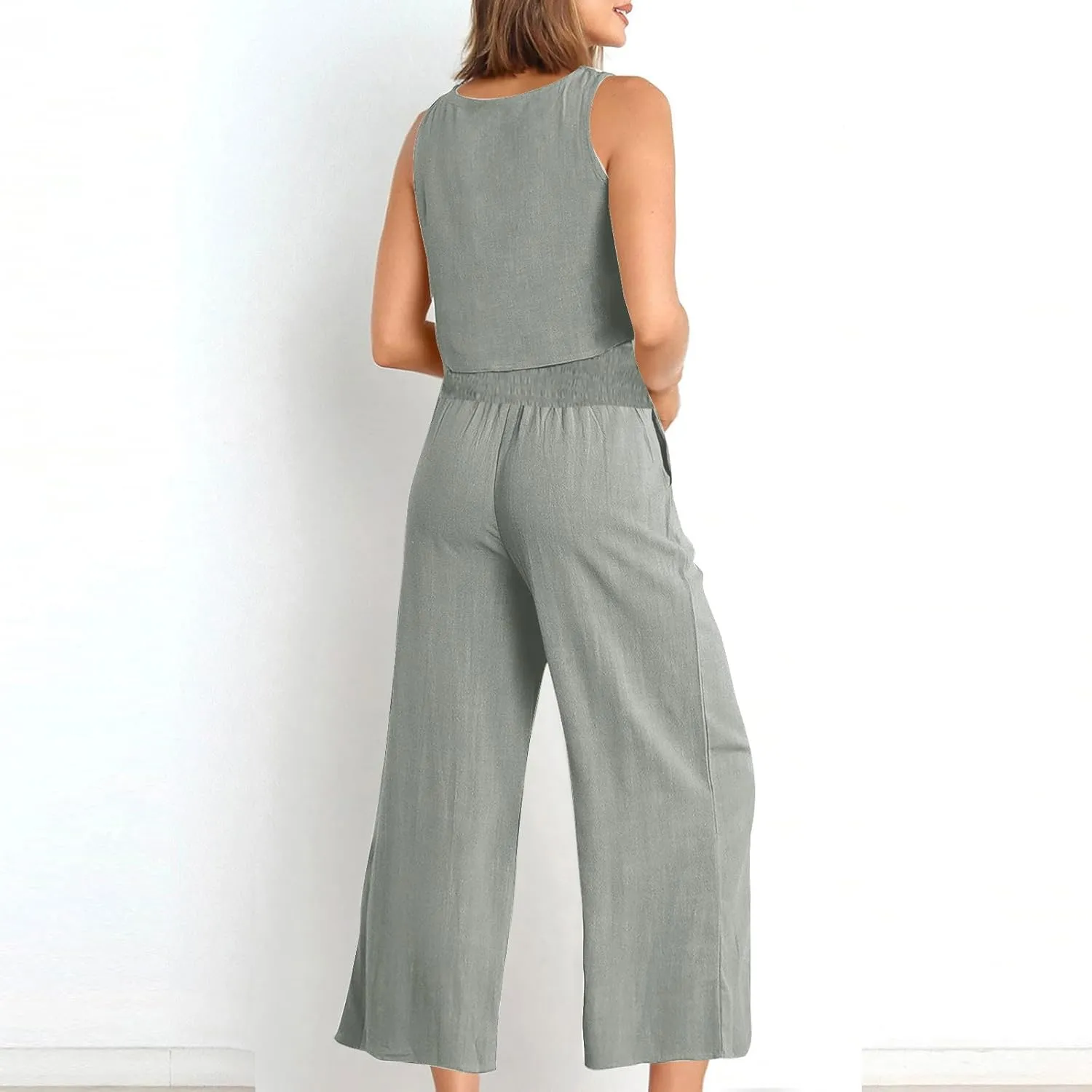 Linen Two Piece Sets For Women Summer 2024 Casual Sleeveless Crop Top & High Waist Wide Leg Matching Lounge Set Outfits