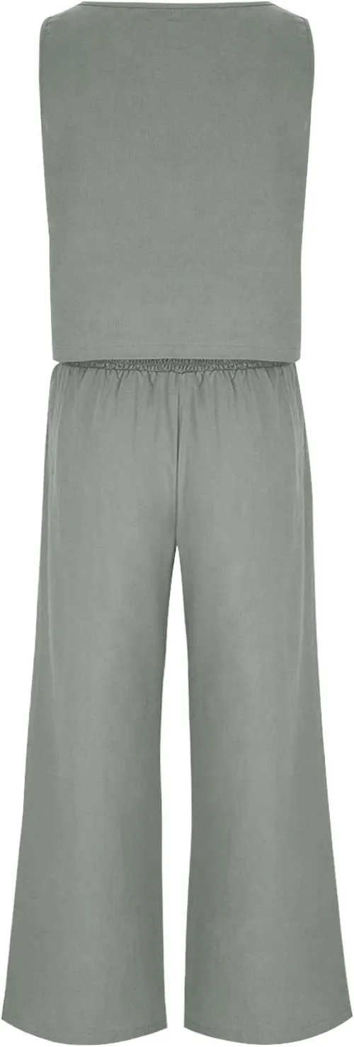 Linen Two Piece Sets For Women Summer 2024 Casual Sleeveless Crop Top & High Waist Wide Leg Matching Lounge Set Outfits