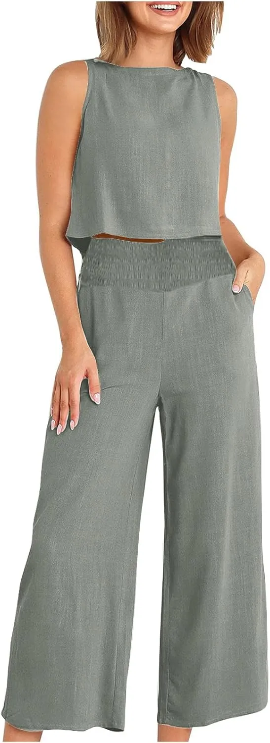 Linen Two Piece Sets For Women Summer 2024 Casual Sleeveless Crop Top & High Waist Wide Leg Matching Lounge Set Outfits