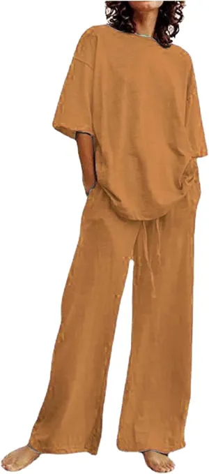 Linen Two Piece Sets For Women Summer 2024 Plus Size Tops And Wide Leg Pants Matching Set Beach Vacation Outfits