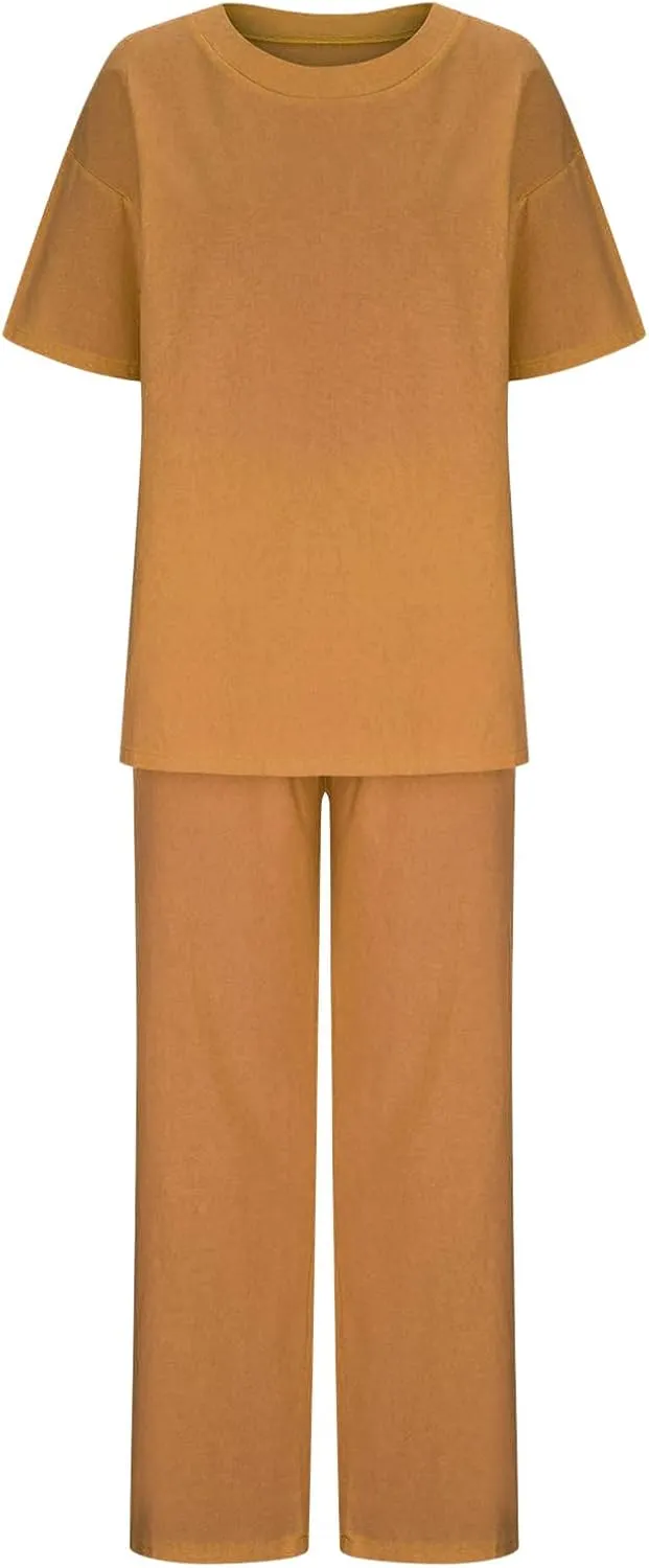 Linen Two Piece Sets For Women Summer 2024 Plus Size Tops And Wide Leg Pants Matching Set Beach Vacation Outfits