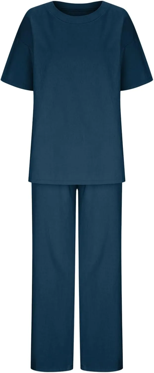 Linen Two Piece Sets For Women Summer 2024 Plus Size Tops And Wide Leg Pants Matching Set Beach Vacation Outfits
