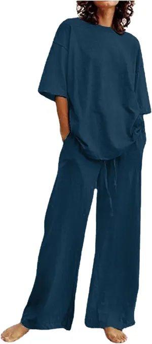 Linen Two Piece Sets For Women Summer 2024 Plus Size Tops And Wide Leg Pants Matching Set Beach Vacation Outfits