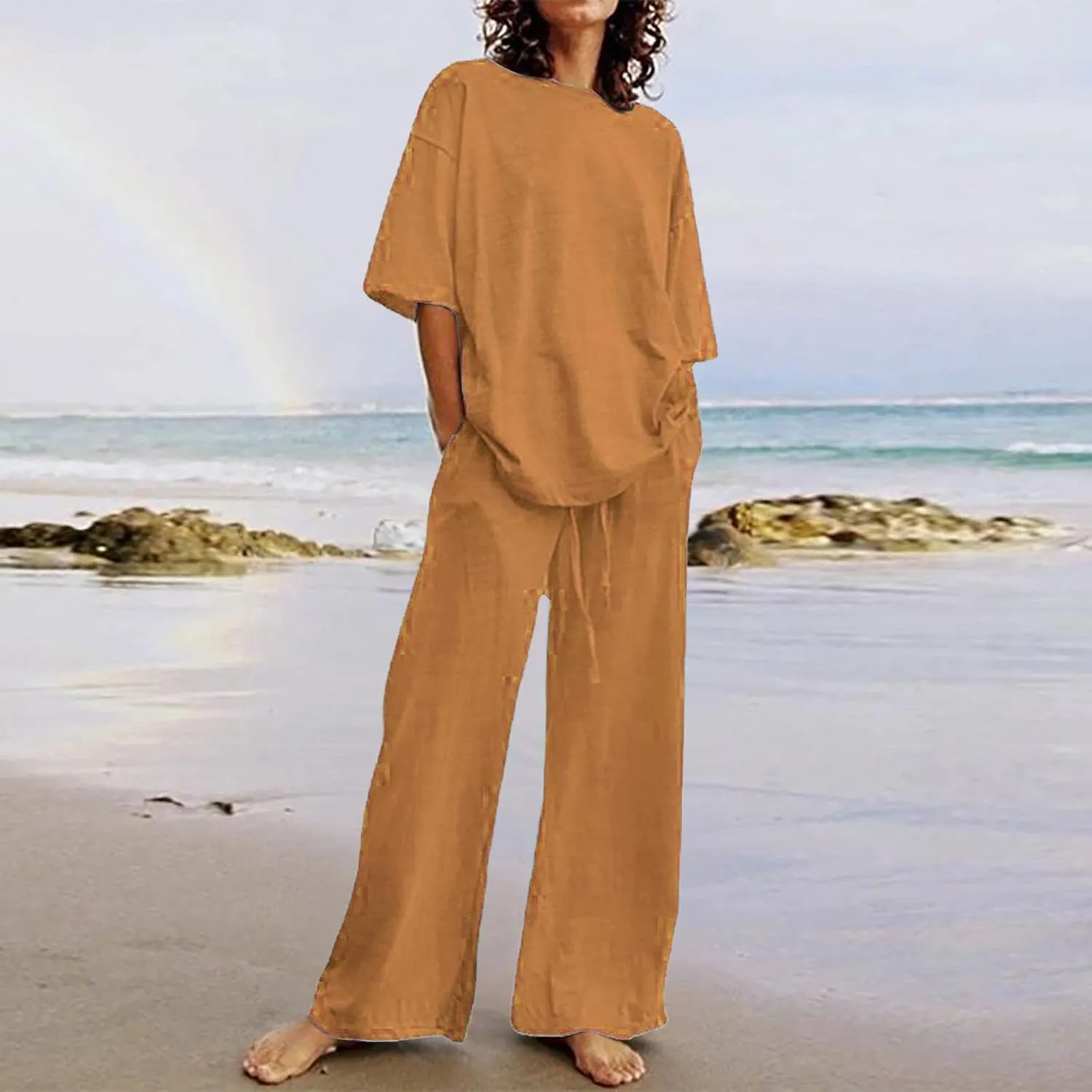 Linen Two Piece Sets For Women Summer 2024 Plus Size Tops And Wide Leg Pants Matching Set Beach Vacation Outfits