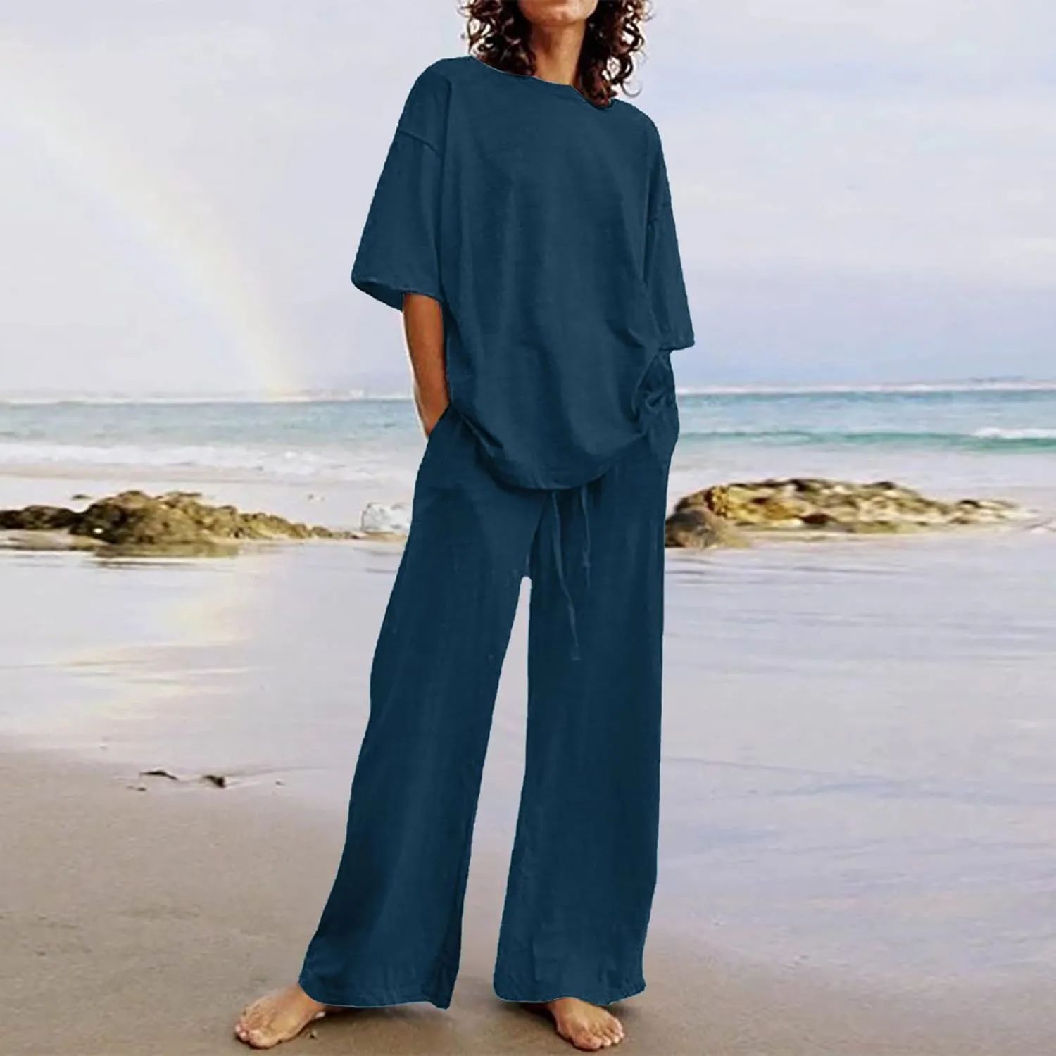 Linen Two Piece Sets For Women Summer 2024 Plus Size Tops And Wide Leg Pants Matching Set Beach Vacation Outfits
