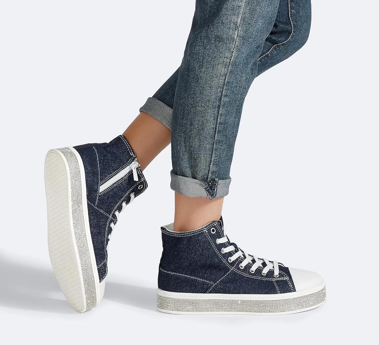 LUCKY STEP Women's High Top Canvas Sneakers Rhinestone Side Zipper Shoes Fashion Sneaker Casual Platform Ankle Boots Walking Canvas Shoes