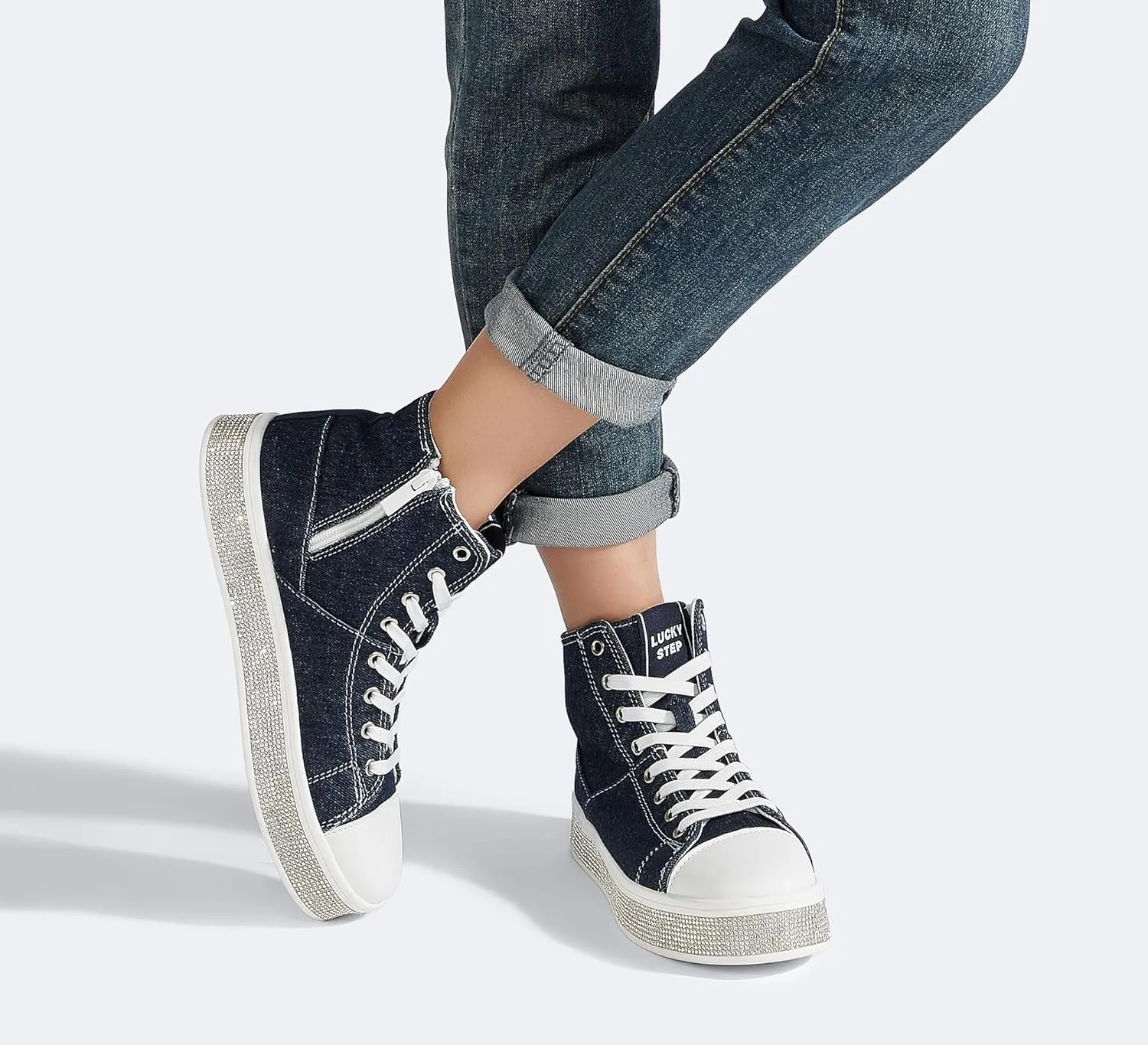 LUCKY STEP Women's High Top Canvas Sneakers Rhinestone Side Zipper Shoes Fashion Sneaker Casual Platform Ankle Boots Walking Canvas Shoes