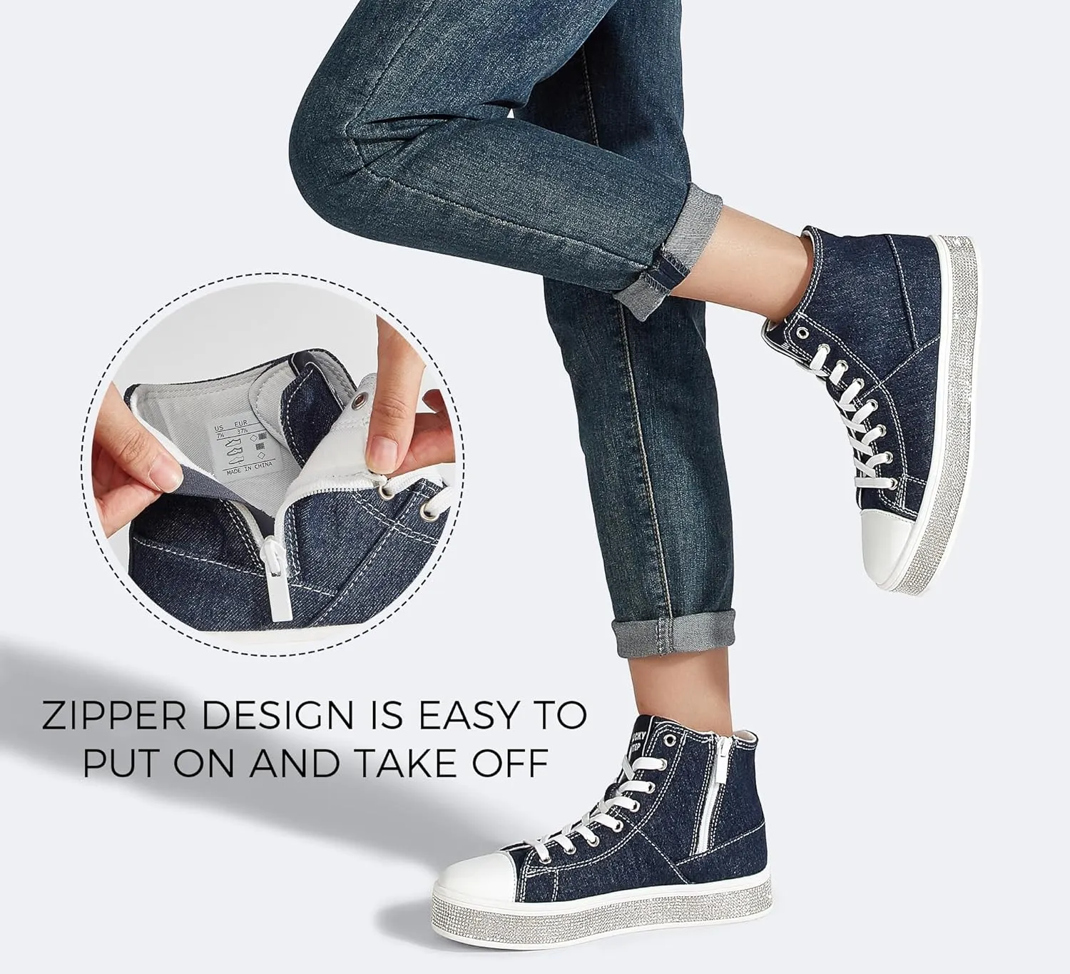 LUCKY STEP Women's High Top Canvas Sneakers Rhinestone Side Zipper Shoes Fashion Sneaker Casual Platform Ankle Boots Walking Canvas Shoes