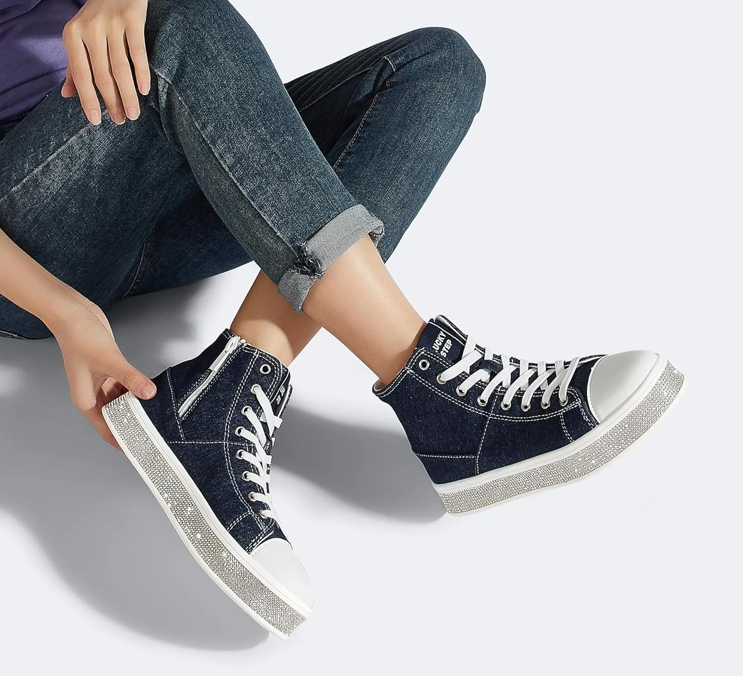 LUCKY STEP Women's High Top Canvas Sneakers Rhinestone Side Zipper Shoes Fashion Sneaker Casual Platform Ankle Boots Walking Canvas Shoes