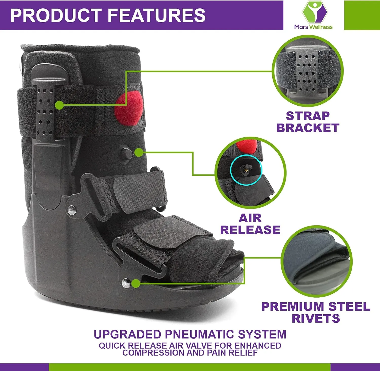 MARS Wellness Premium Short Air Cam Walker Boot - Small - Fracture, Sprained Ankle/Foot Stabilizer - Broken Toe Walking Boots for Men or Women