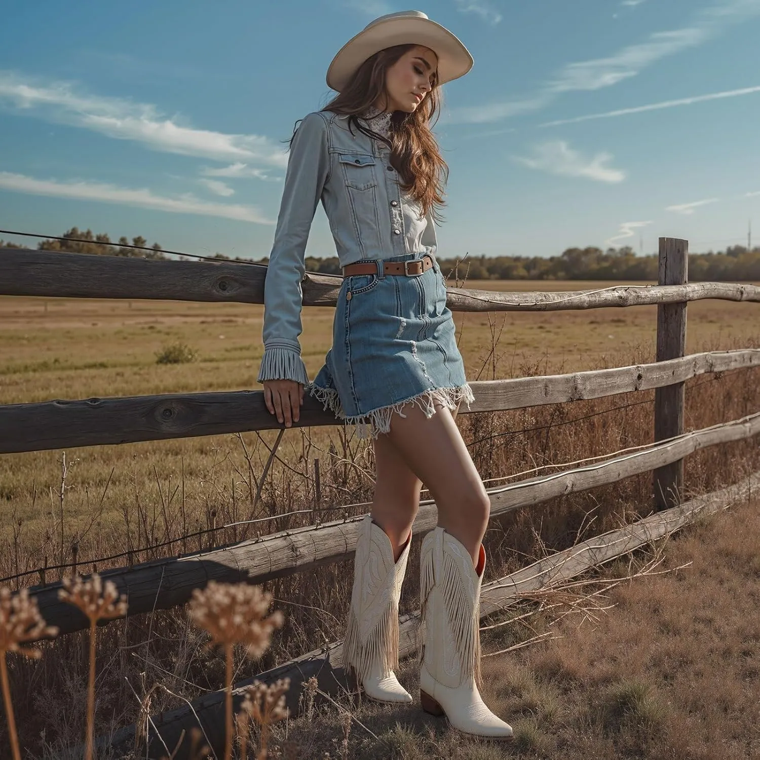 Mattiventon Cowboy Boots for Women Fringe Knee High Cowgirl Western Boots with Classic Embroidery Pointed Toe Chunky Heel for Weddings Parties
