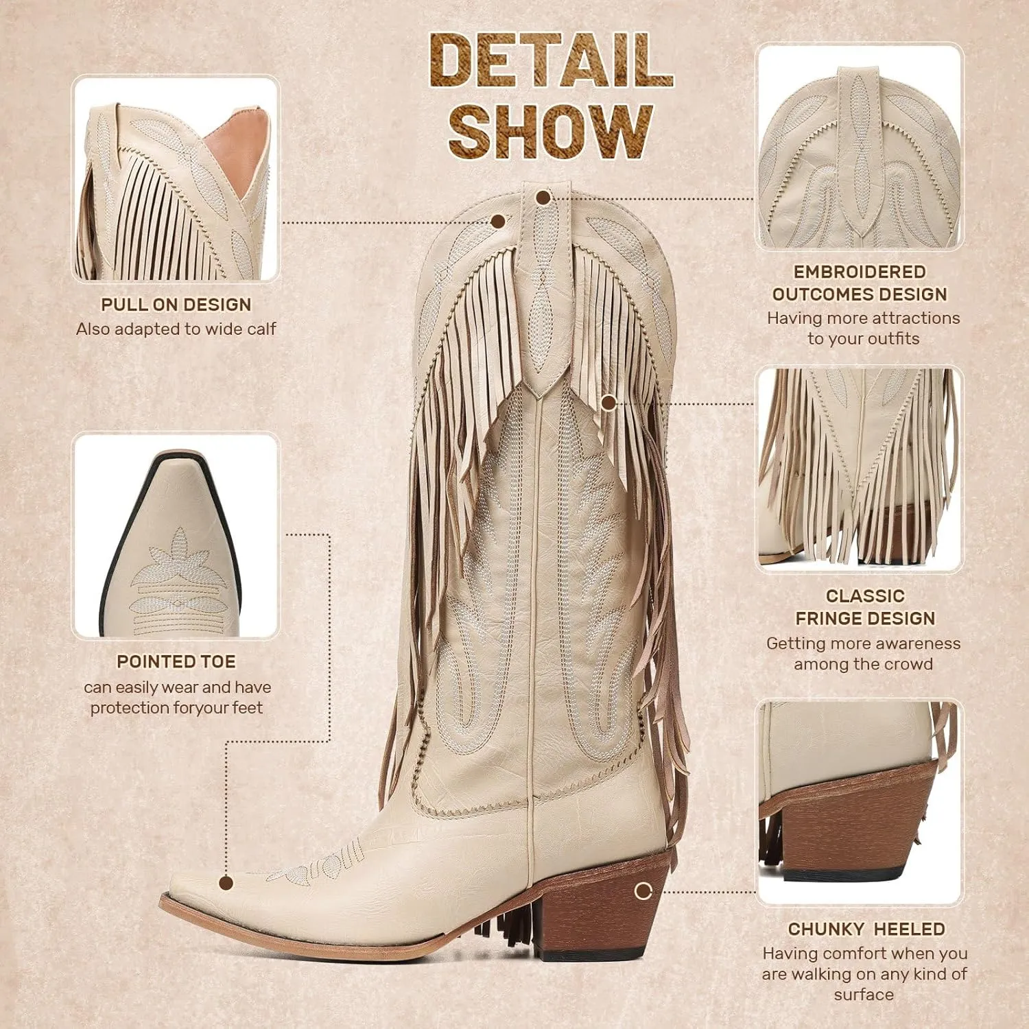 Mattiventon Cowboy Boots for Women Fringe Knee High Cowgirl Western Boots with Classic Embroidery Pointed Toe Chunky Heel for Weddings Parties