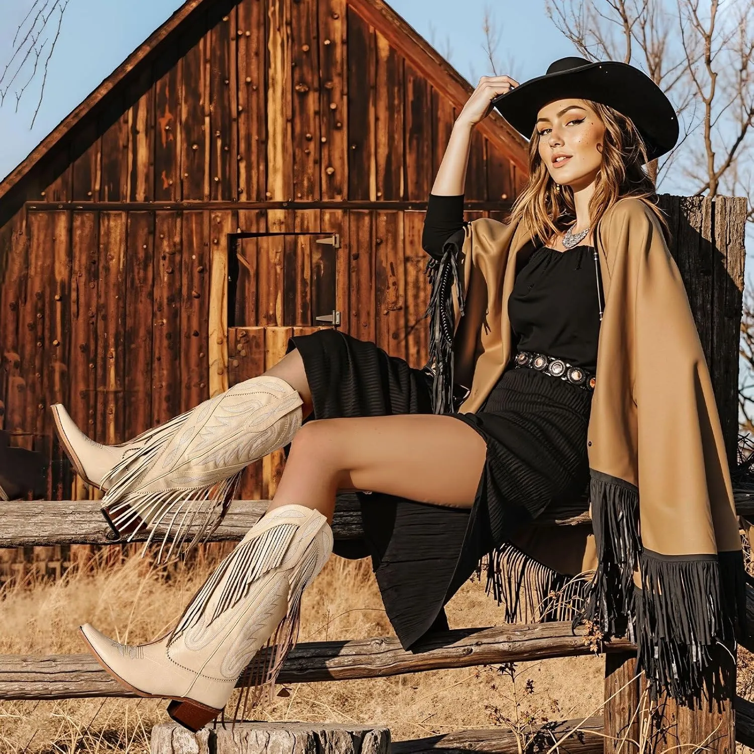 Mattiventon Cowboy Boots for Women Fringe Knee High Cowgirl Western Boots with Classic Embroidery Pointed Toe Chunky Heel for Weddings Parties