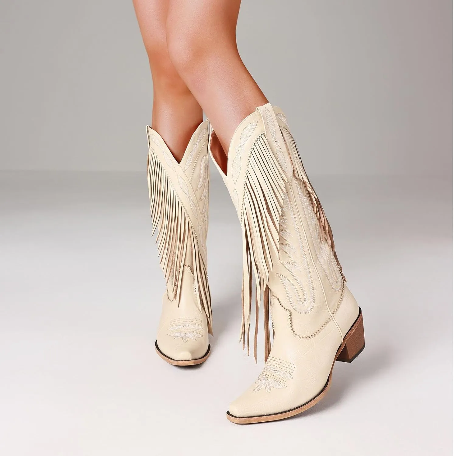 Mattiventon Cowboy Boots for Women Fringe Knee High Cowgirl Western Boots with Classic Embroidery Pointed Toe Chunky Heel for Weddings Parties