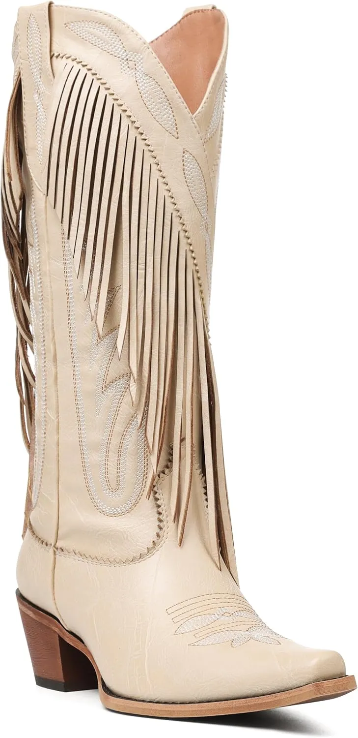Mattiventon Cowboy Boots for Women Fringe Knee High Cowgirl Western Boots with Classic Embroidery Pointed Toe Chunky Heel for Weddings Parties