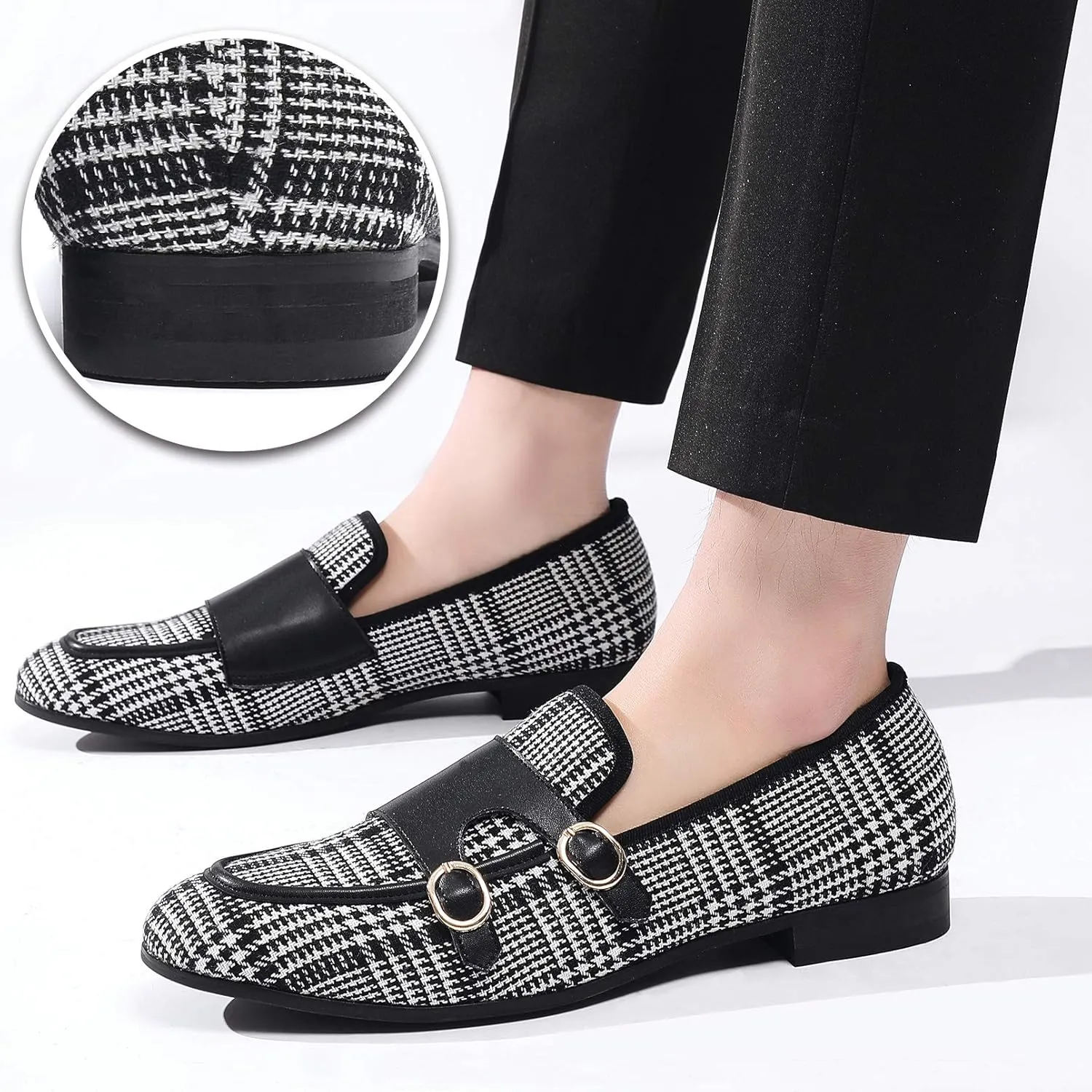 Mens Casual Classic Plaid Loafer with Gold Buckle Penny Slip-On Wedding Party Prom Shoes