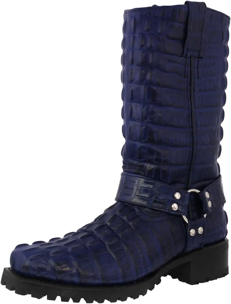 Mens Denim Blue Leather Motorcycle Boots Crocodile Tail Print Square Toe