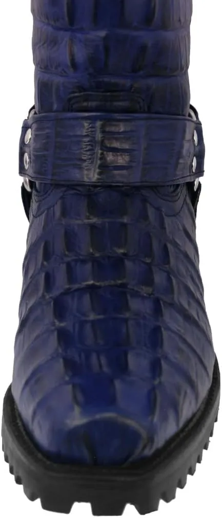 Mens Denim Blue Leather Motorcycle Boots Crocodile Tail Print Square Toe