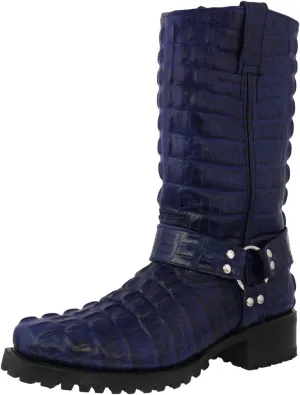 Mens Denim Blue Leather Motorcycle Boots Crocodile Tail Print Square Toe