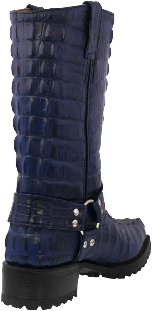 Mens Denim Blue Leather Motorcycle Boots Crocodile Tail Print Square Toe