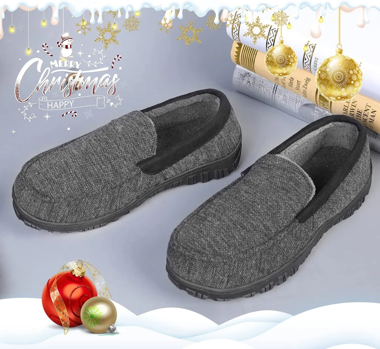 Mens Moccasin Slippers Indoor Outdoor Size Nonslip Memory Foam Shoes with Rubber Bottom