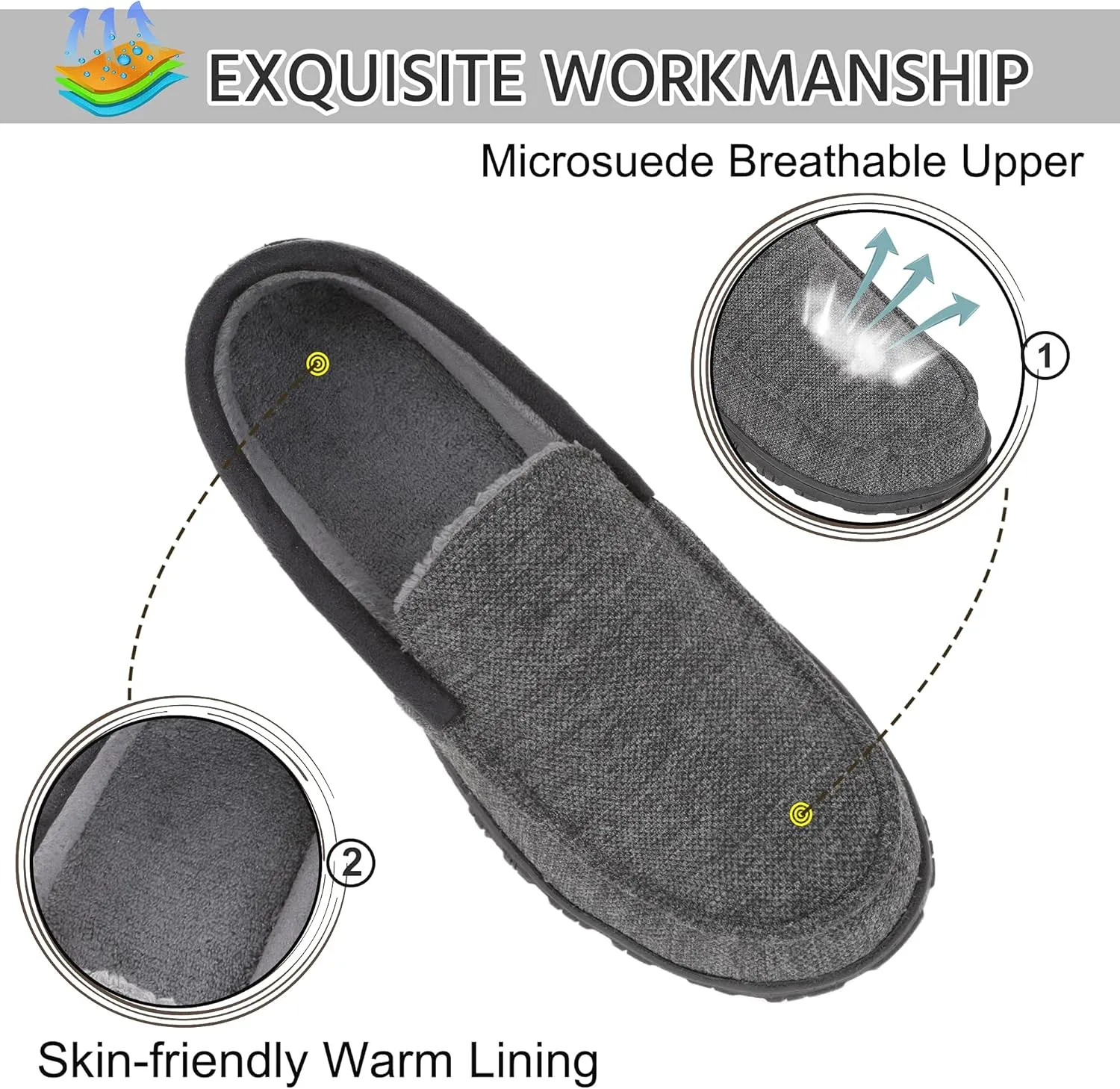 Mens Moccasin Slippers Indoor Outdoor Size Nonslip Memory Foam Shoes with Rubber Bottom