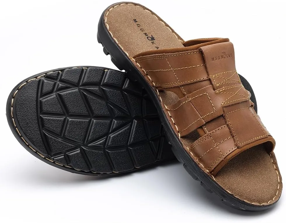 MGGMOKAY Men's Leather Slide Sandal Comfortable Anti-Slip Slides for Indoor Outdoor