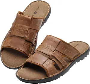 MGGMOKAY Men's Leather Slide Sandal Comfortable Anti-Slip Slides for Indoor Outdoor