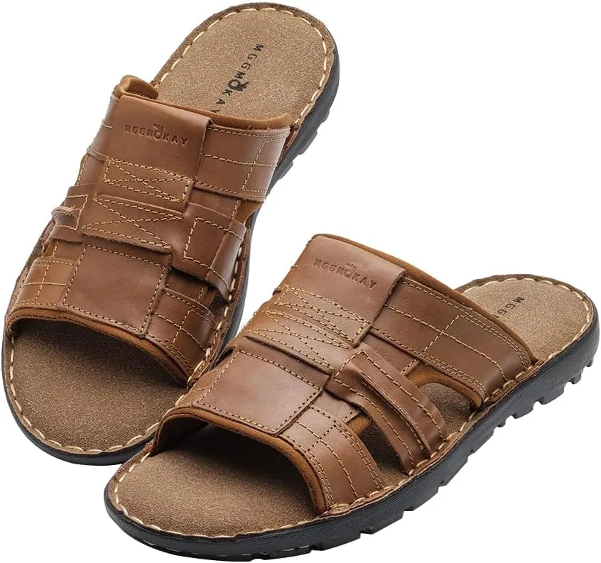 MGGMOKAY Men's Leather Slide Sandal Comfortable Anti-Slip Slides for Indoor Outdoor
