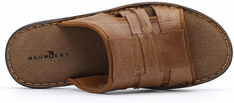 MGGMOKAY Men's Leather Slide Sandal Comfortable Anti-Slip Slides for Indoor Outdoor