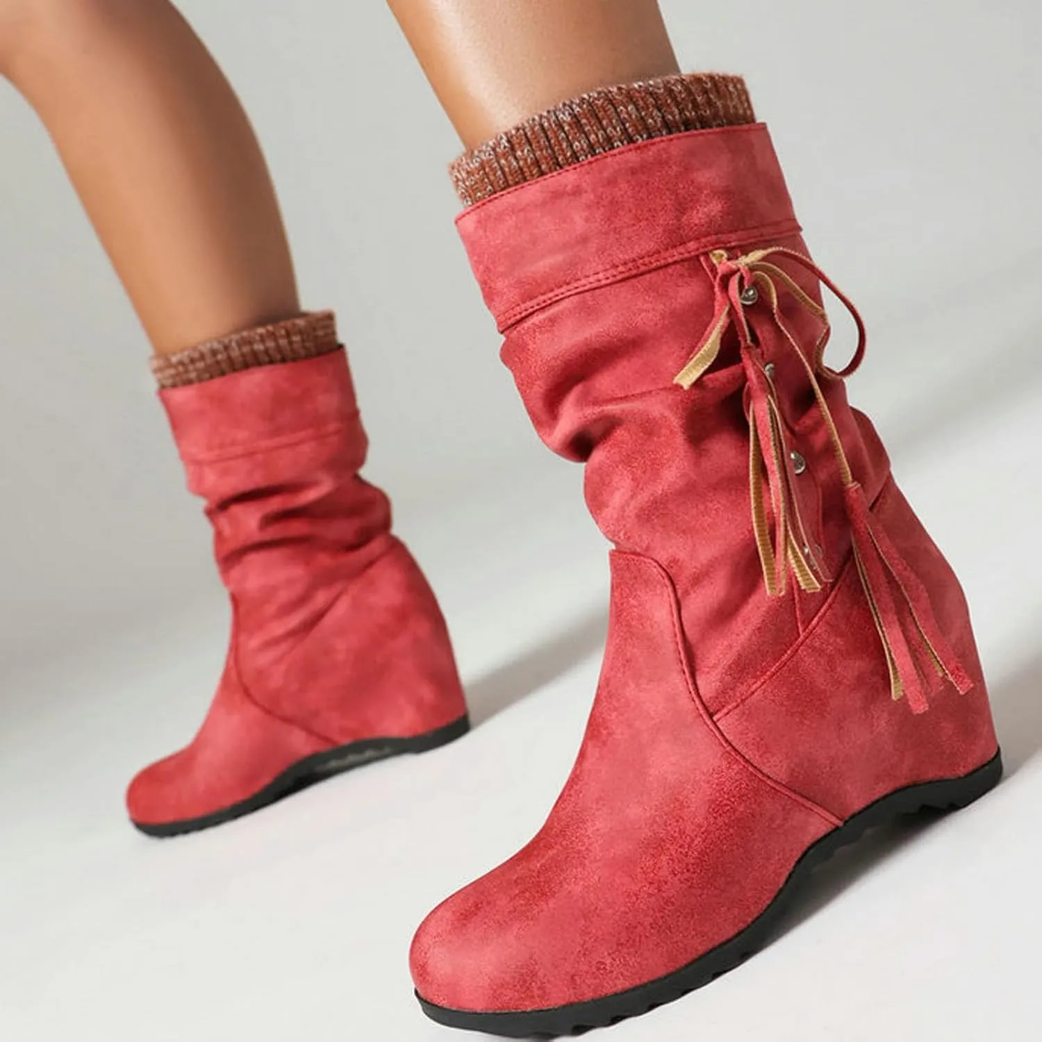 Mid Calf Booties for Women Fashion Office Leather Boots Almond Toe Western Cowgirl Cowboy Bootie Solid Casual Fall Short Boots