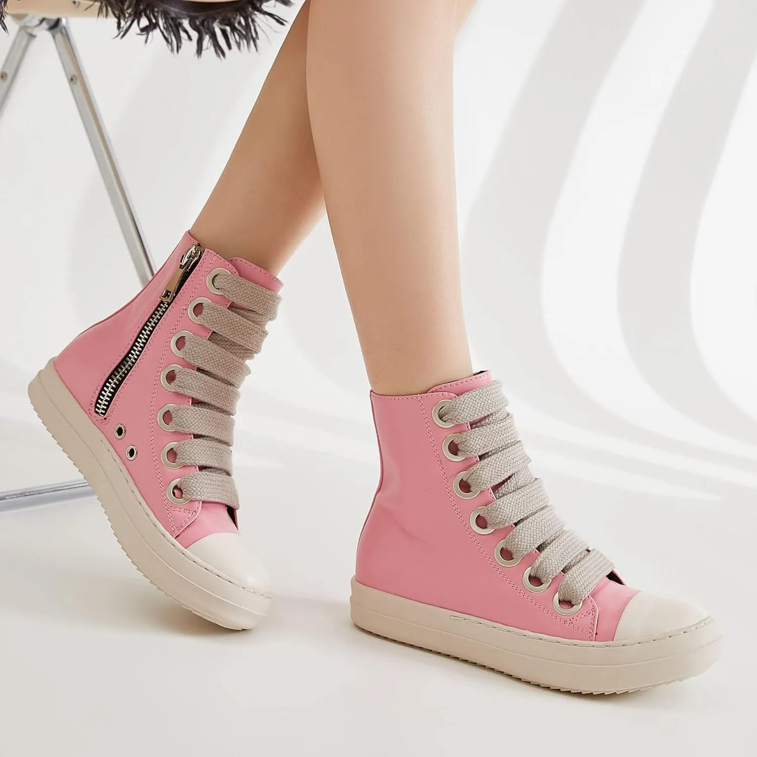 MOFEEDOUKA Womens High Top Sneakers Thick Shoe Laces PU Leather Comfort Platform Walking Shoes with Zipper