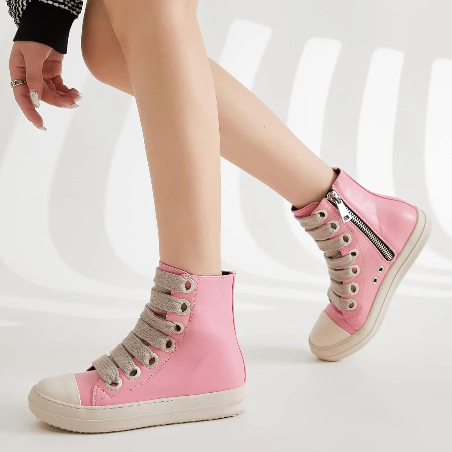 MOFEEDOUKA Womens High Top Sneakers Thick Shoe Laces PU Leather Comfort Platform Walking Shoes with Zipper