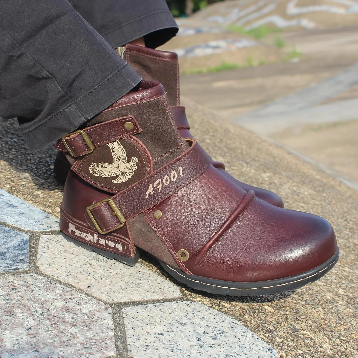Motorcycle Boots Men Waterproof Leather -Retro Moto Biker Boots with Zip Up & Harness, Riding Combat Boots for Men Casual & Daily Wear