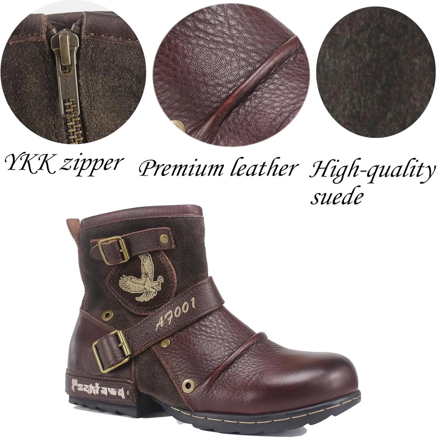 Motorcycle Boots Men Waterproof Leather -Retro Moto Biker Boots with Zip Up & Harness, Riding Combat Boots for Men Casual & Daily Wear