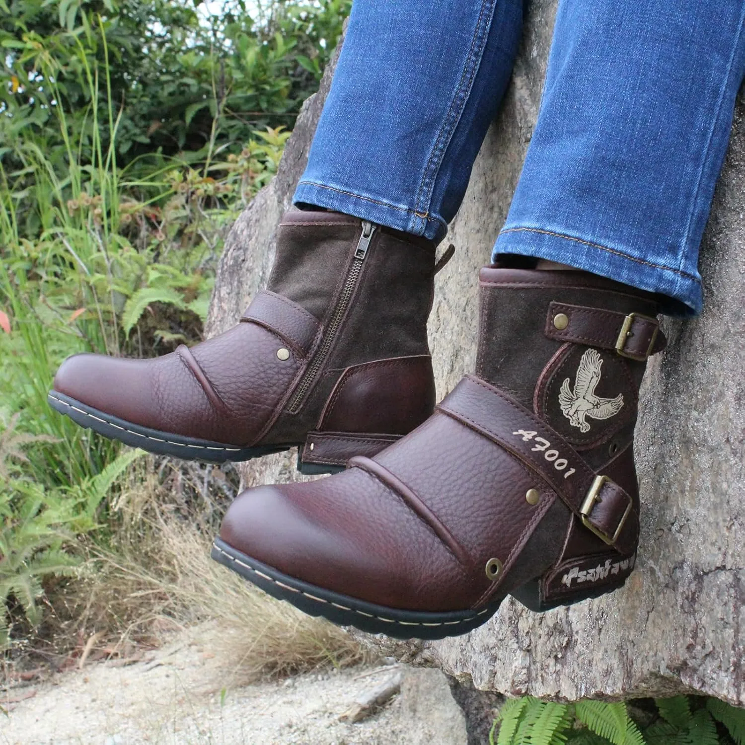 Motorcycle Boots Men Waterproof Leather -Retro Moto Biker Boots with Zip Up & Harness, Riding Combat Boots for Men Casual & Daily Wear
