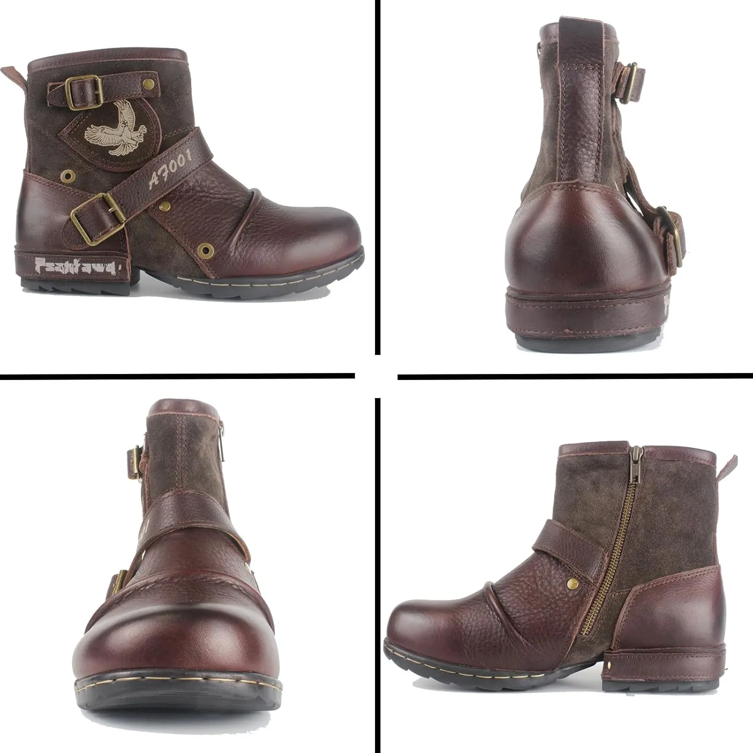 Motorcycle Boots Men Waterproof Leather -Retro Moto Biker Boots with Zip Up & Harness, Riding Combat Boots for Men Casual & Daily Wear