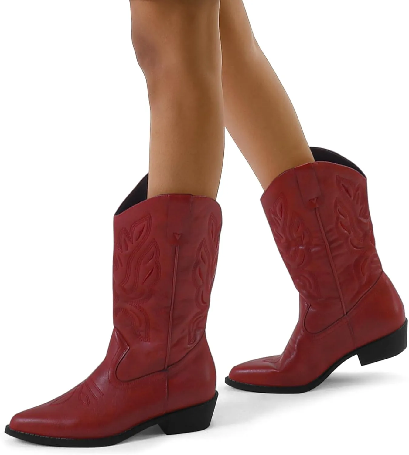 mysoft Women's Western Cowboy Boots Embroidered Mid-Calf Pointed Toe Cowgirl Boot