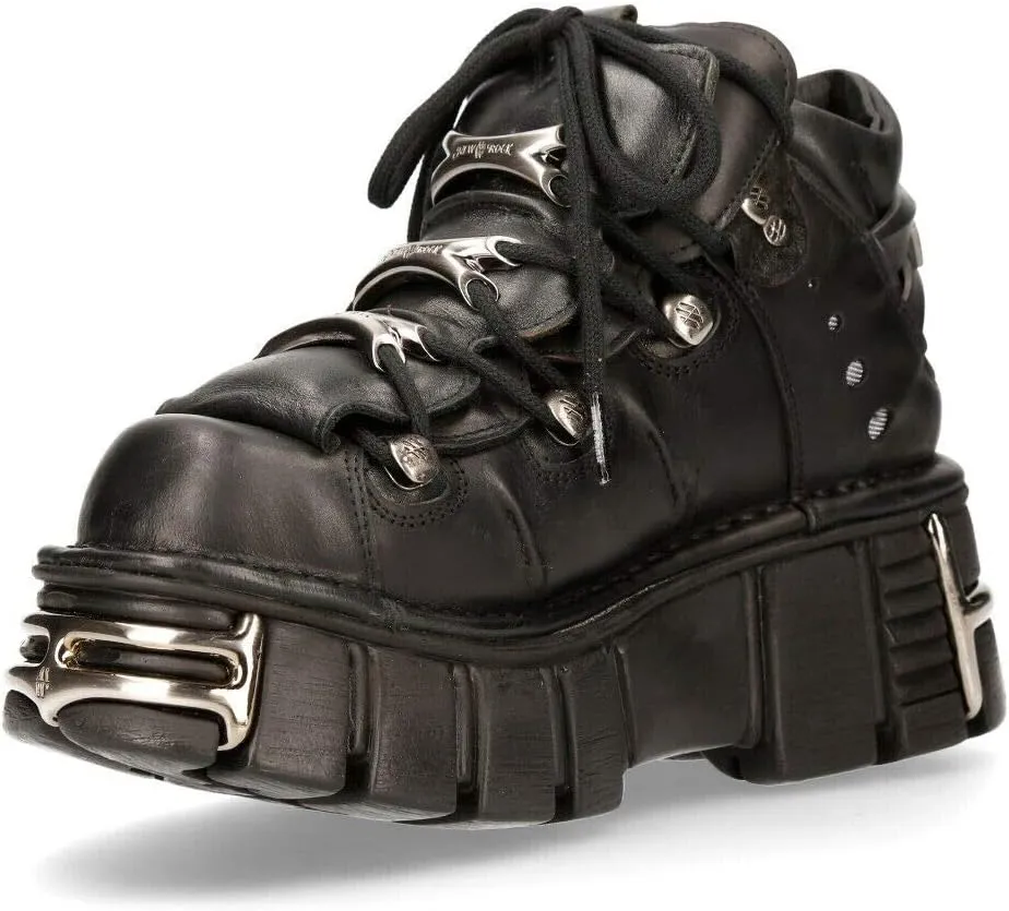 New Rock 106-S1 Unisex Metallic Black Gothic Classic Leather Biker Ankle Tower Boots