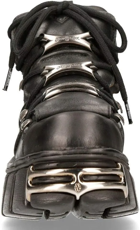 New Rock 106-S1 Unisex Metallic Black Gothic Classic Leather Biker Ankle Tower Boots