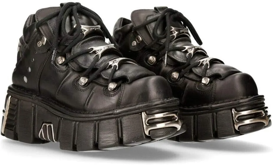 New Rock 106-S1 Unisex Metallic Black Gothic Classic Leather Biker Ankle Tower Boots