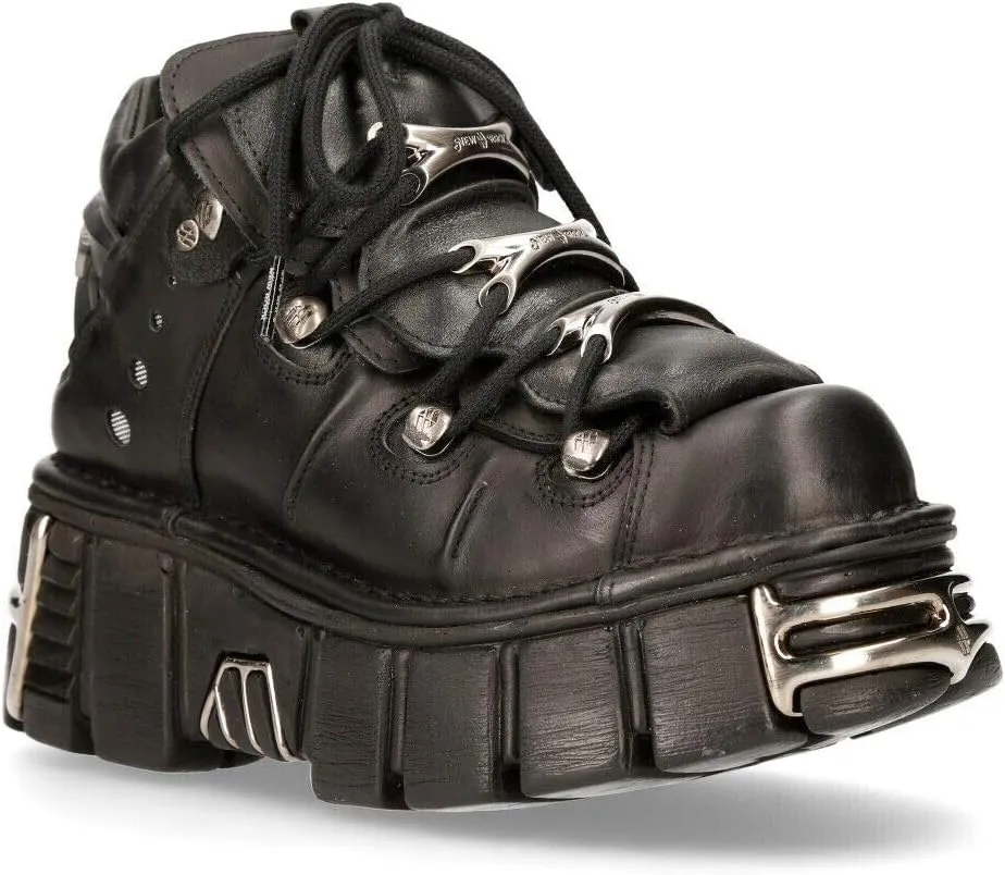 New Rock 106-S1 Unisex Metallic Black Gothic Classic Leather Biker Ankle Tower Boots